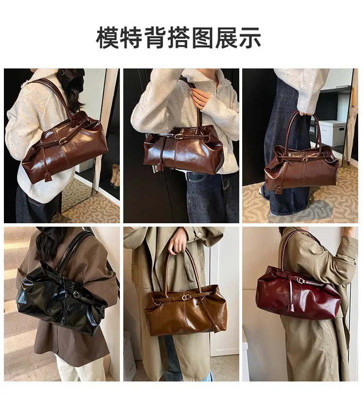 2026 Women's Brown Leather Tote Bag with Buckle Handle — feature 2
