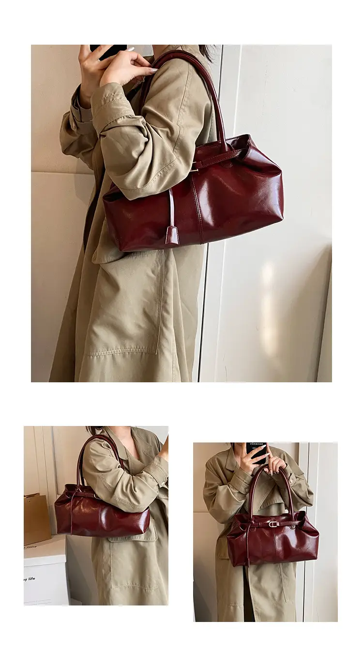 2026 Women's Brown Leather Tote Bag with Buckle Handle — feature 4