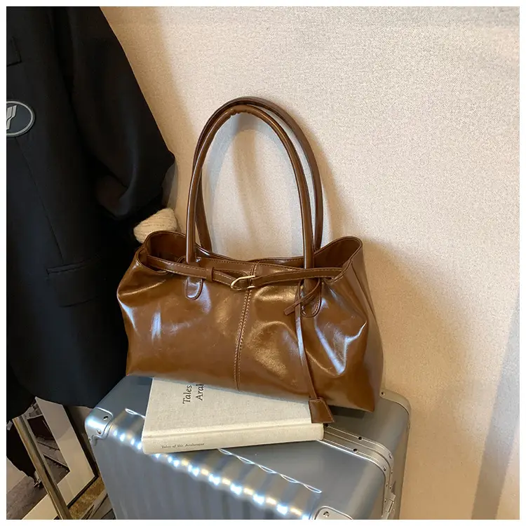 2026 Women's Brown Leather Tote Bag with Buckle Handle — feature 8