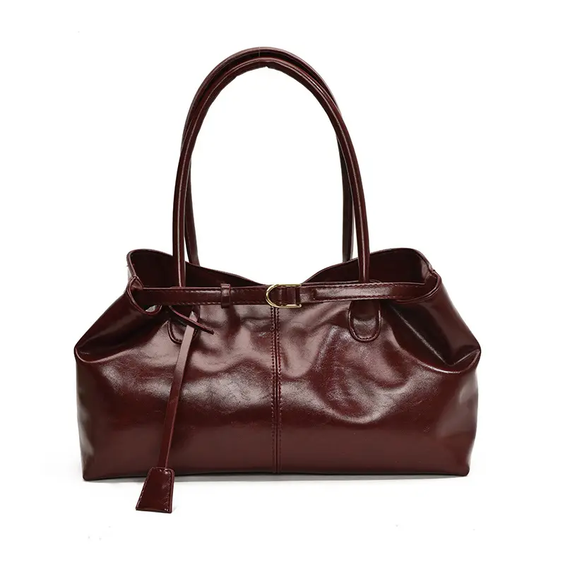 2026 Women's Brown Leather Tote Bag with Buckle Handle - Image 2