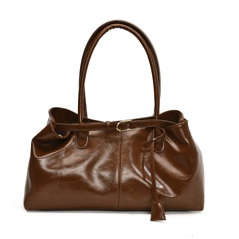 2026 Women's Brown Leather Tote Bag with Buckle Handle - Image 3