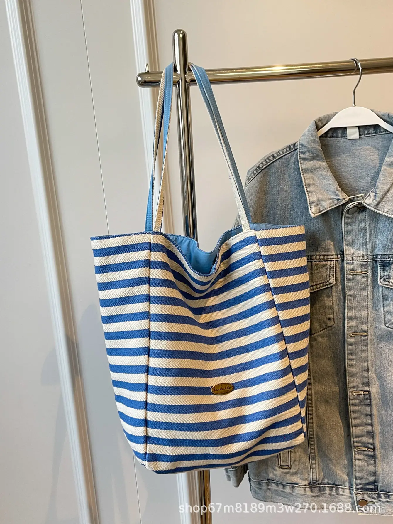 Women Striped Blue White Double Tote Bag Large Capacity Lightweight - Image 6