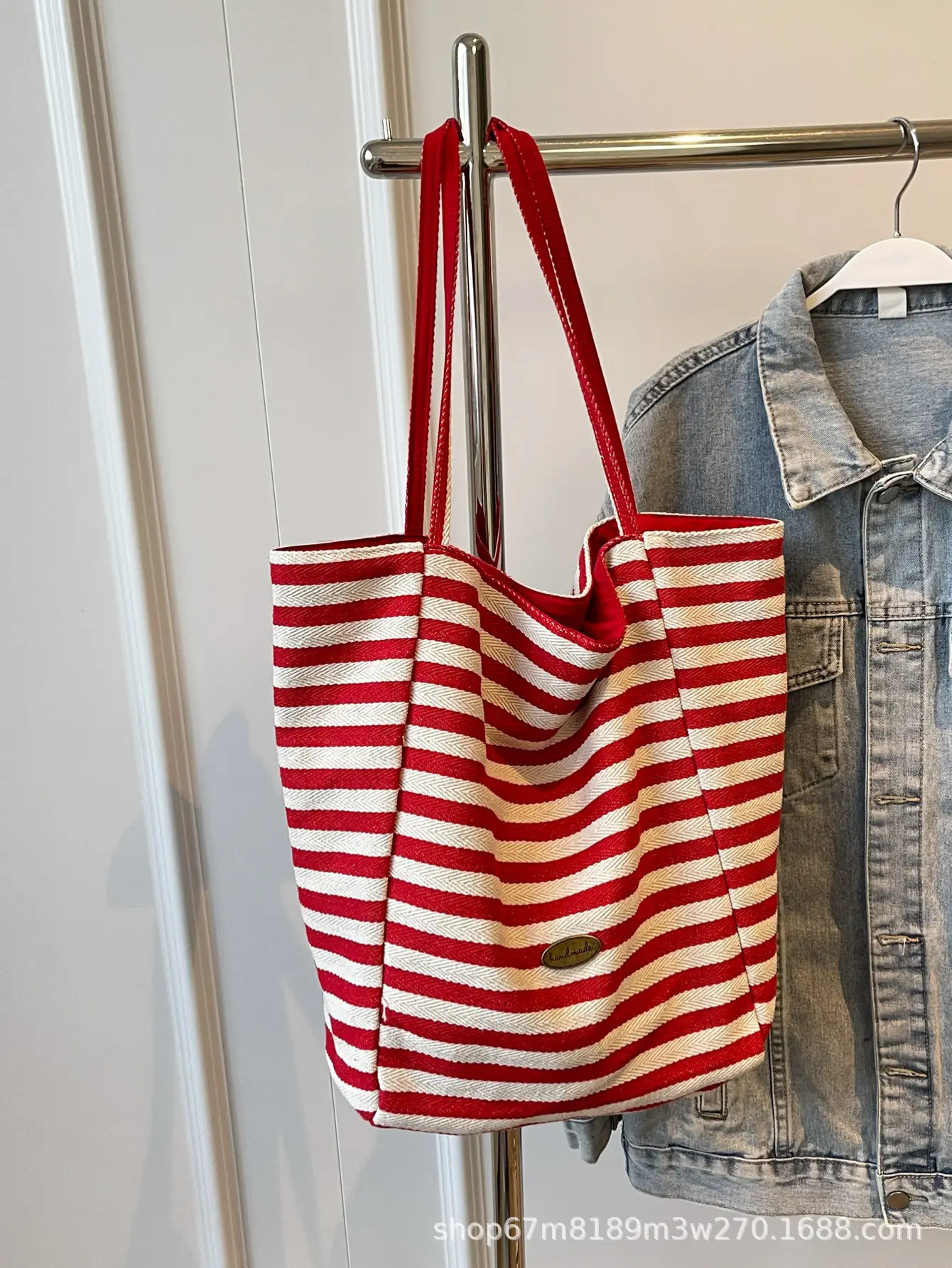 Women Striped Blue White Double Tote Bag Large Capacity Lightweight - Image 7