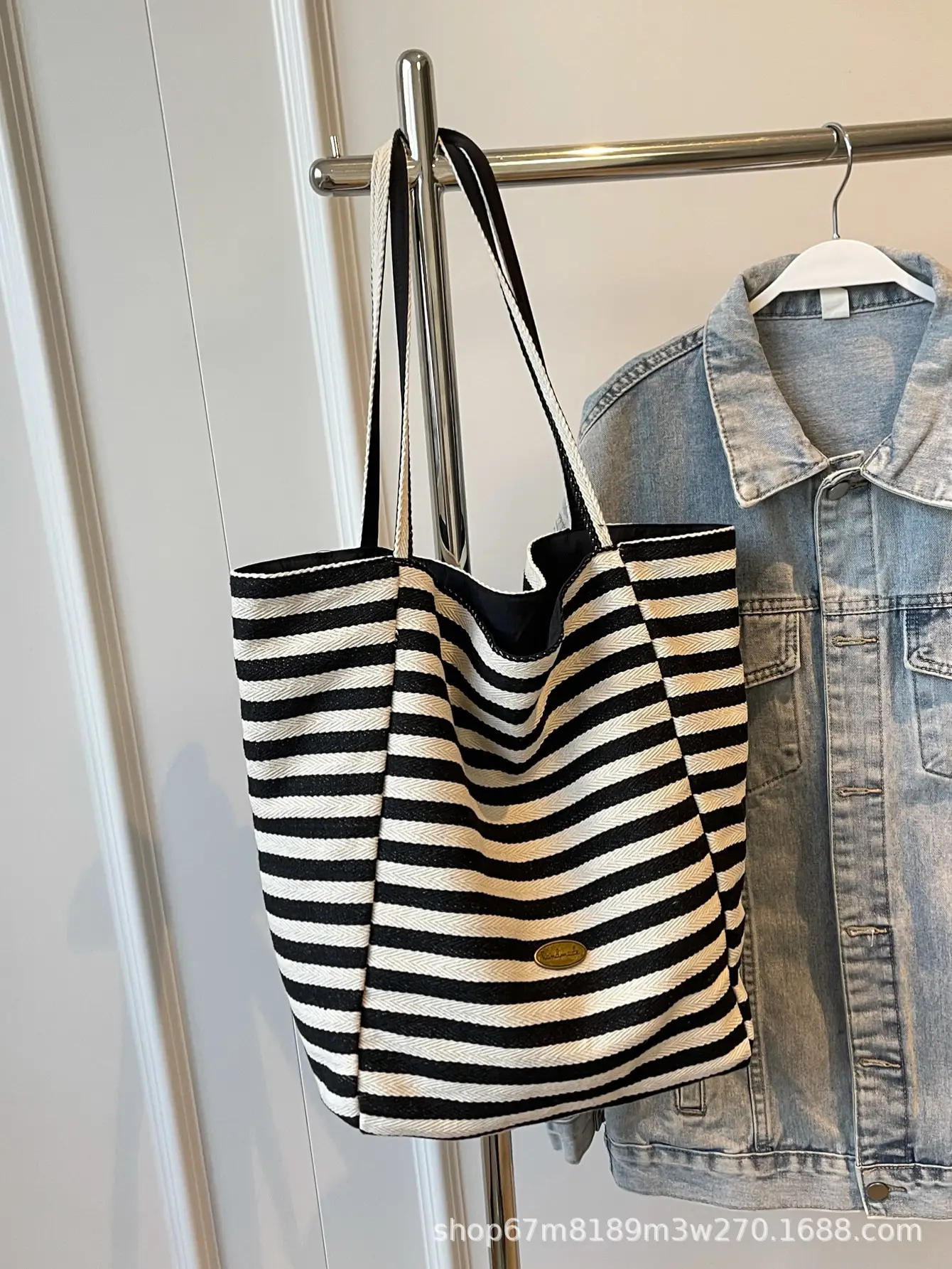 Women Striped Blue White Double Tote Bag Large Capacity Lightweight - Image 8