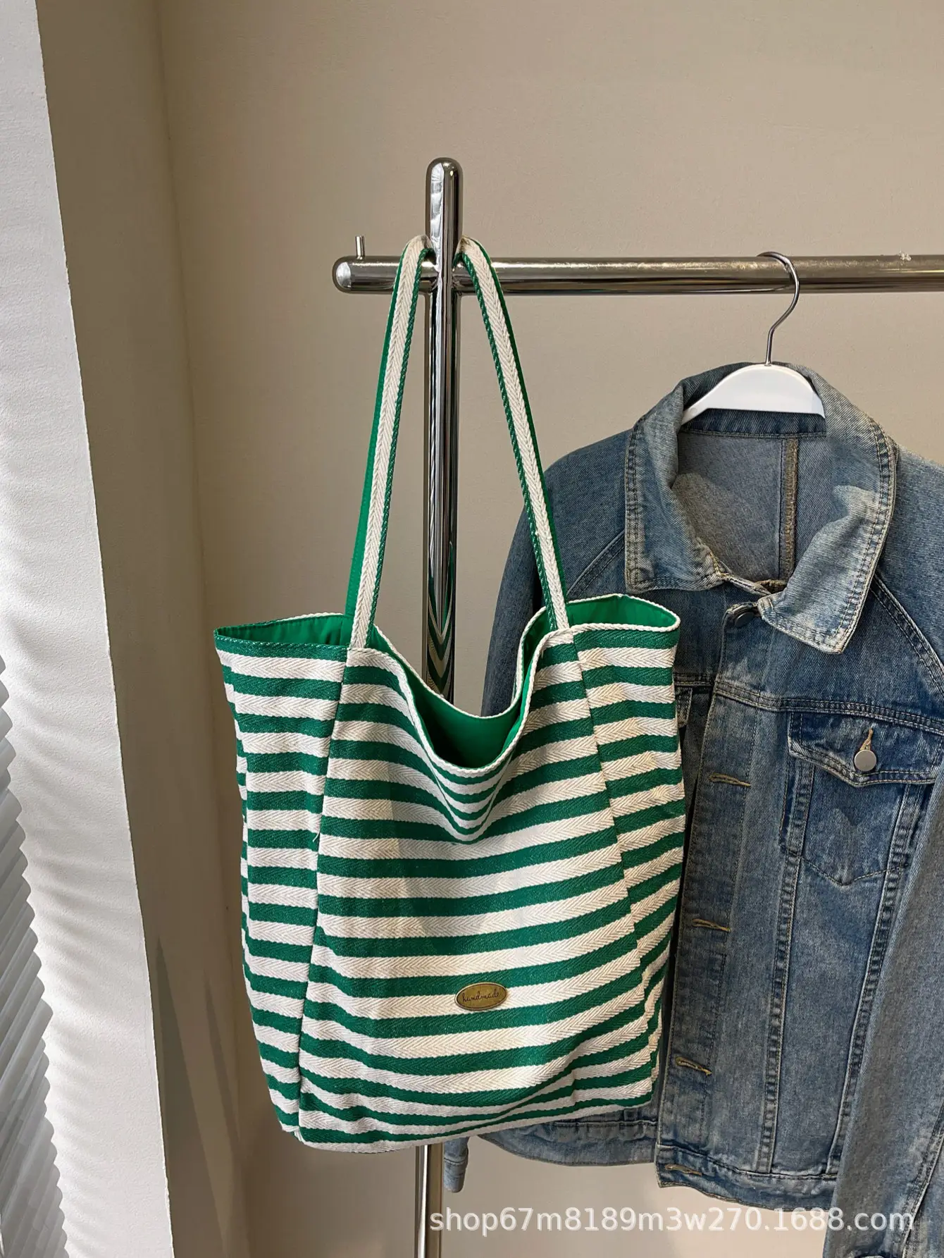 Women Striped Blue White Double Tote Bag Large Capacity Lightweight - Image 9