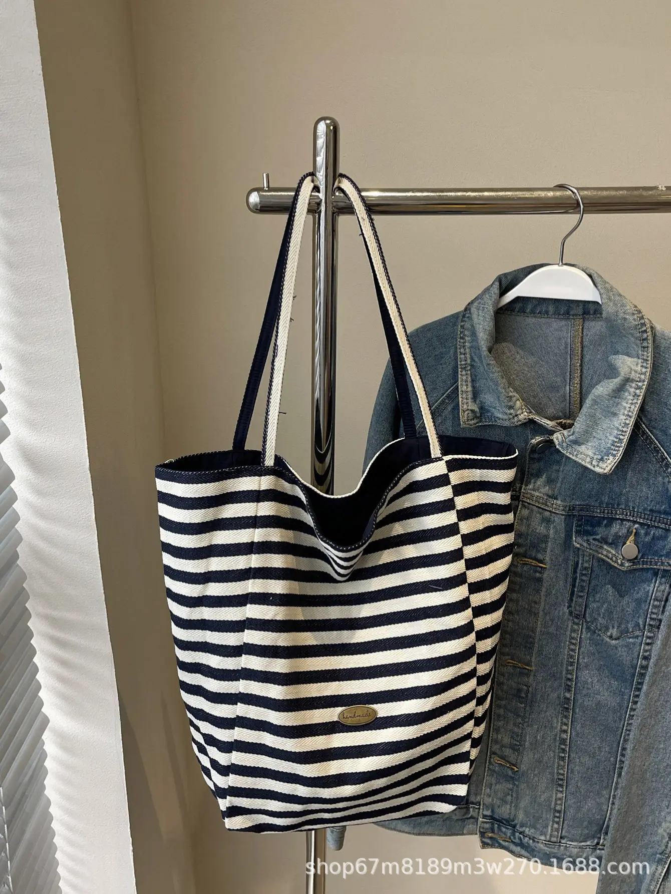 Women Striped Blue White Double Tote Bag Large Capacity Lightweight - Image 10