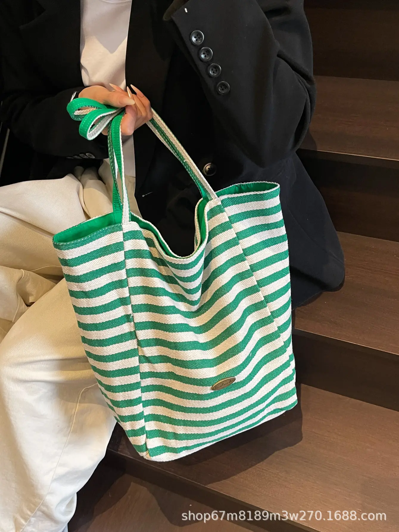 Women Striped Blue White Double Tote Bag Large Capacity Lightweight — feature 2