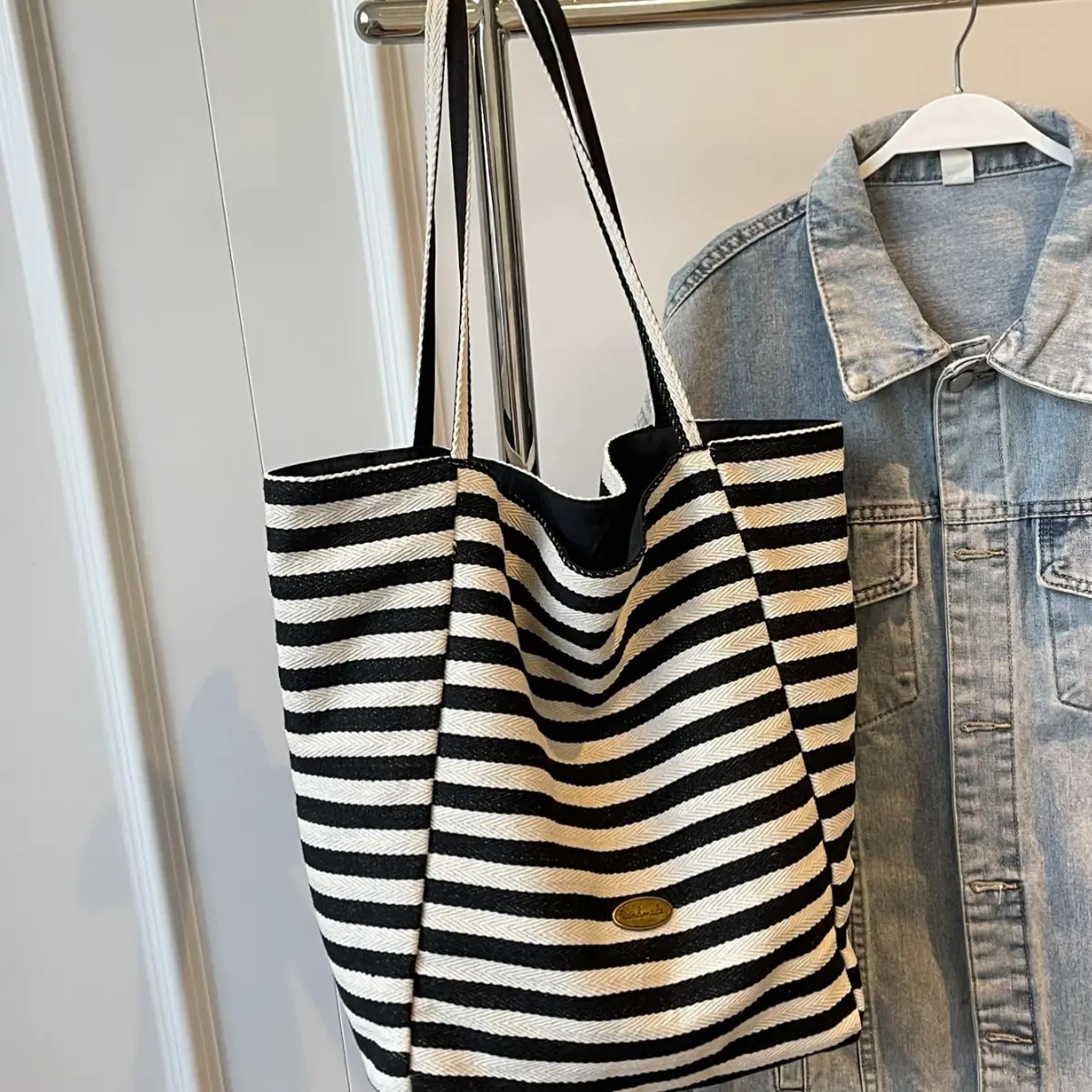 Women Striped Blue White Double Tote Bag Large Capacity Lightweight — feature 27