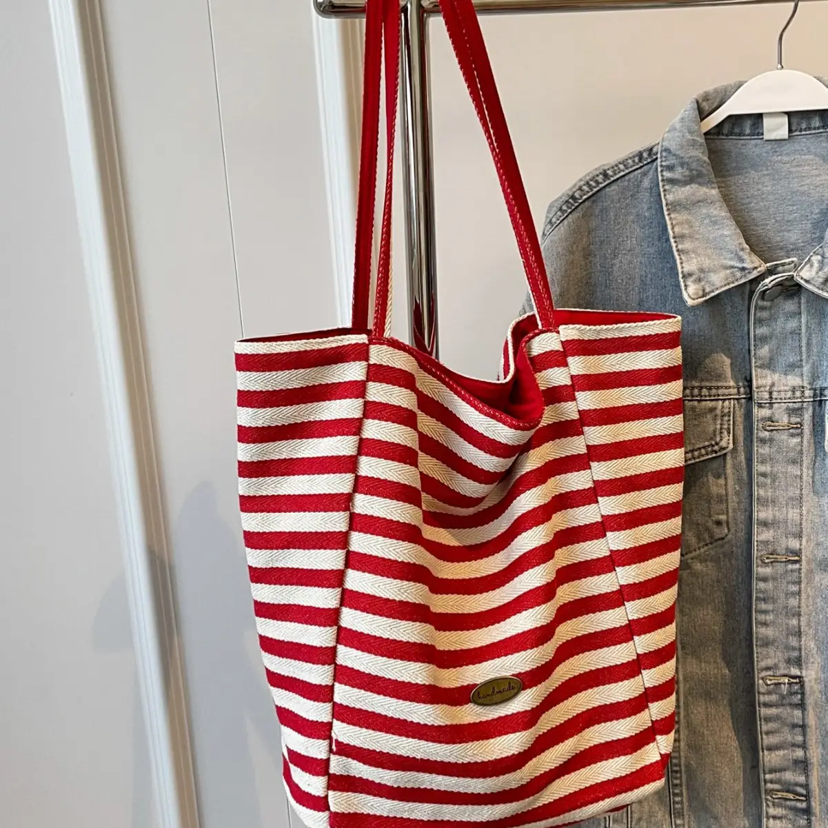 Women Striped Blue White Double Tote Bag Large Capacity Lightweight — feature 29