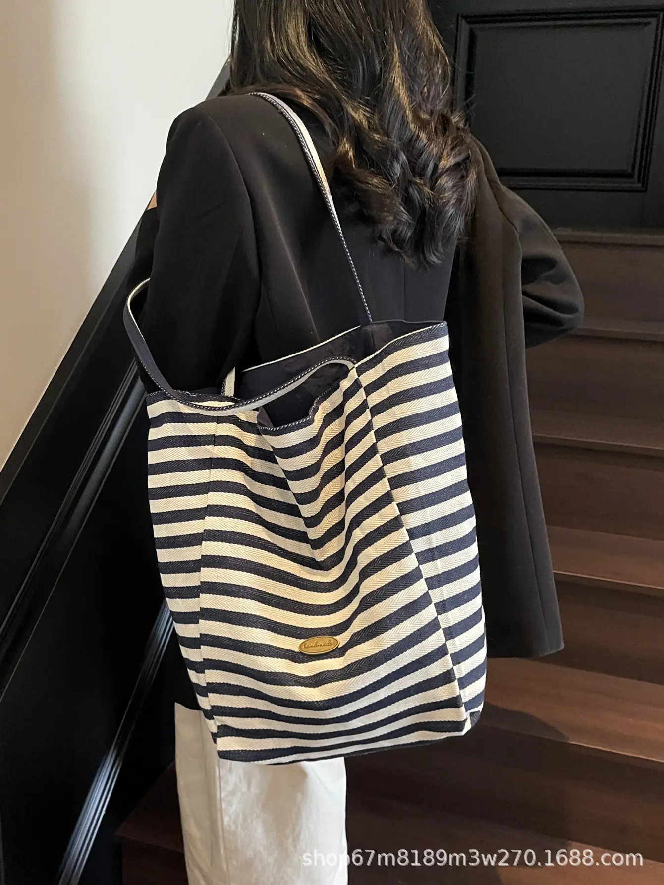 Women Striped Blue White Double Tote Bag Large Capacity Lightweight — feature 3