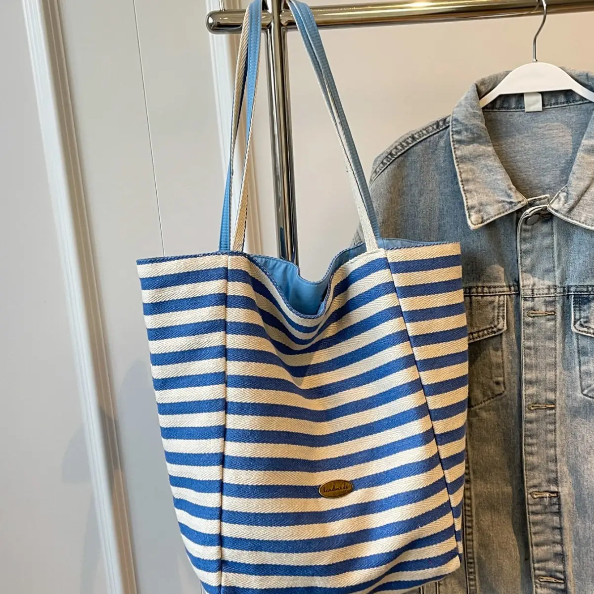 Women Striped Blue White Double Tote Bag Large Capacity Lightweight — feature 31