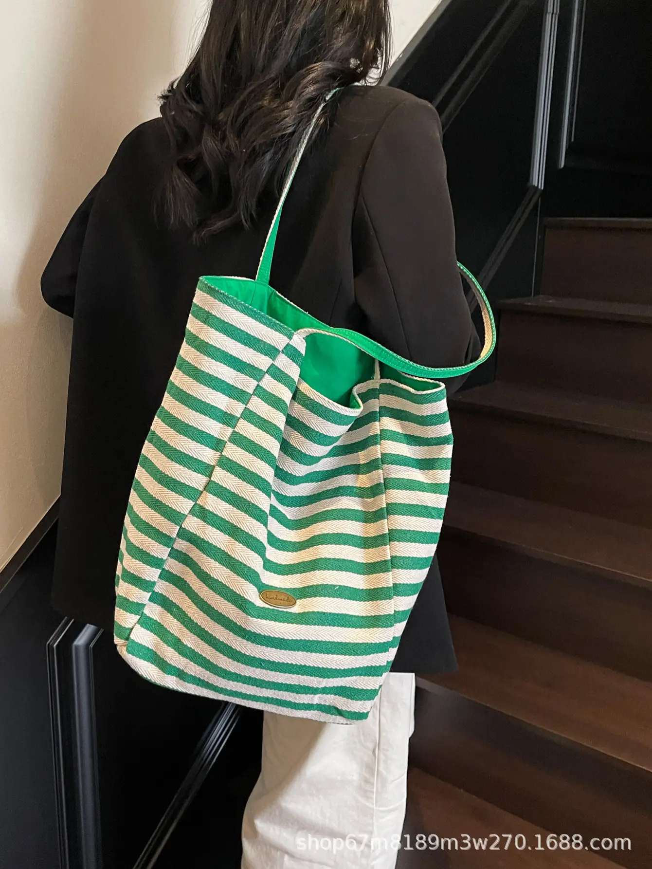 Women Striped Blue White Double Tote Bag Large Capacity Lightweight — feature 33