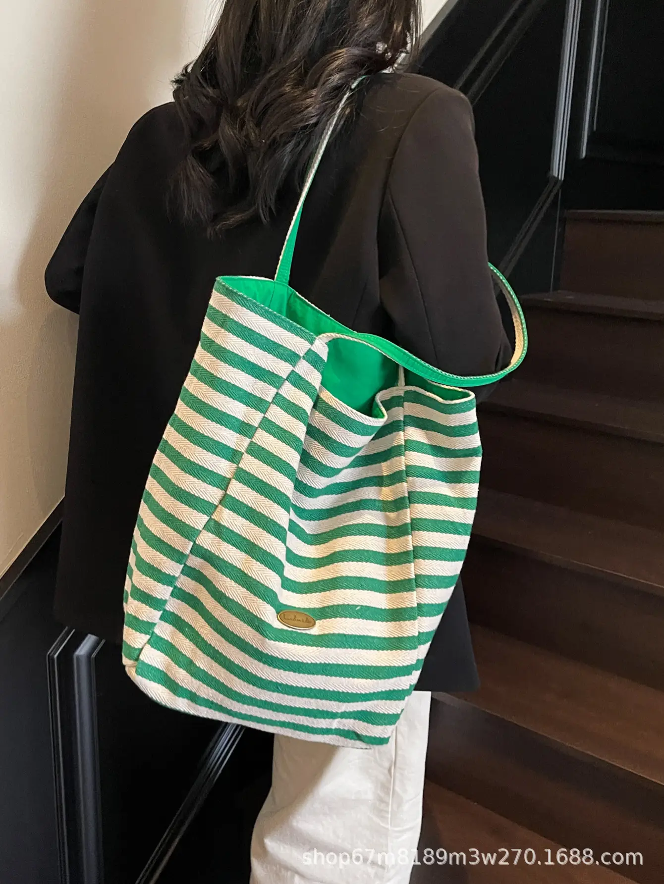 Women Striped Blue White Double Tote Bag Large Capacity Lightweight — feature 35