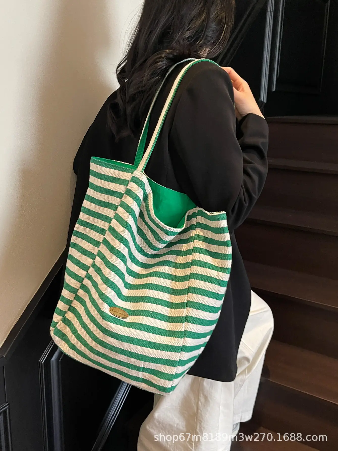 Women Striped Blue White Double Tote Bag Large Capacity Lightweight — feature 38