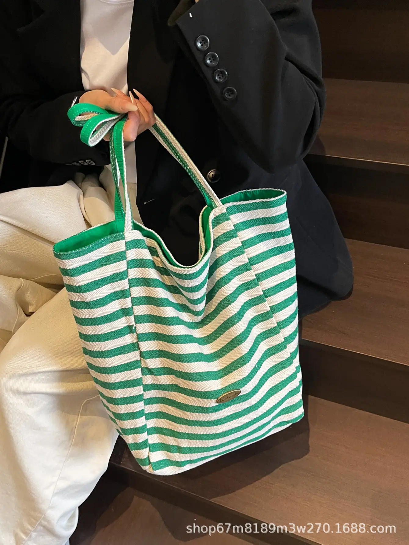 Women Striped Blue White Double Tote Bag Large Capacity Lightweight — feature 4