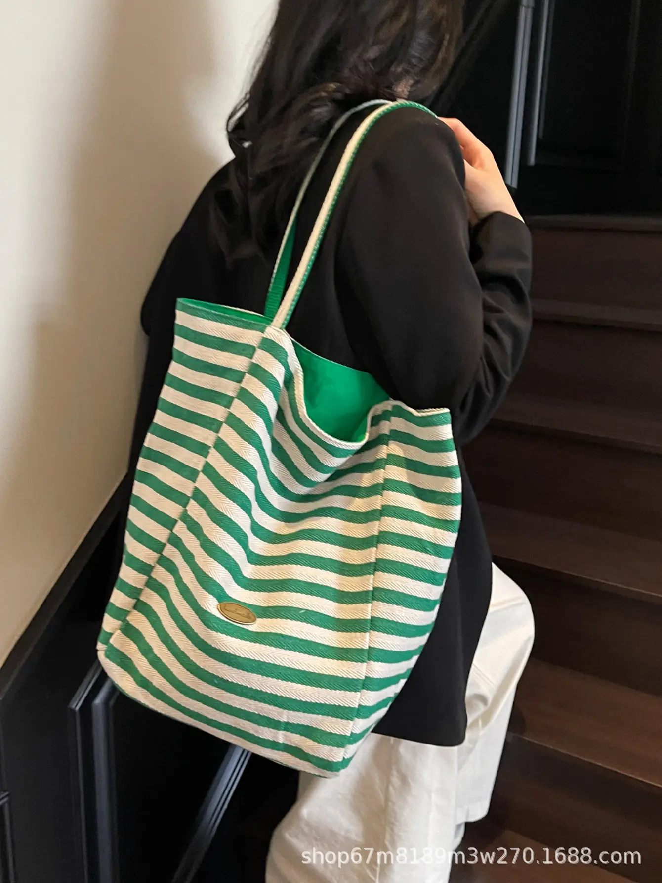Women Striped Blue White Double Tote Bag Large Capacity Lightweight — feature 40