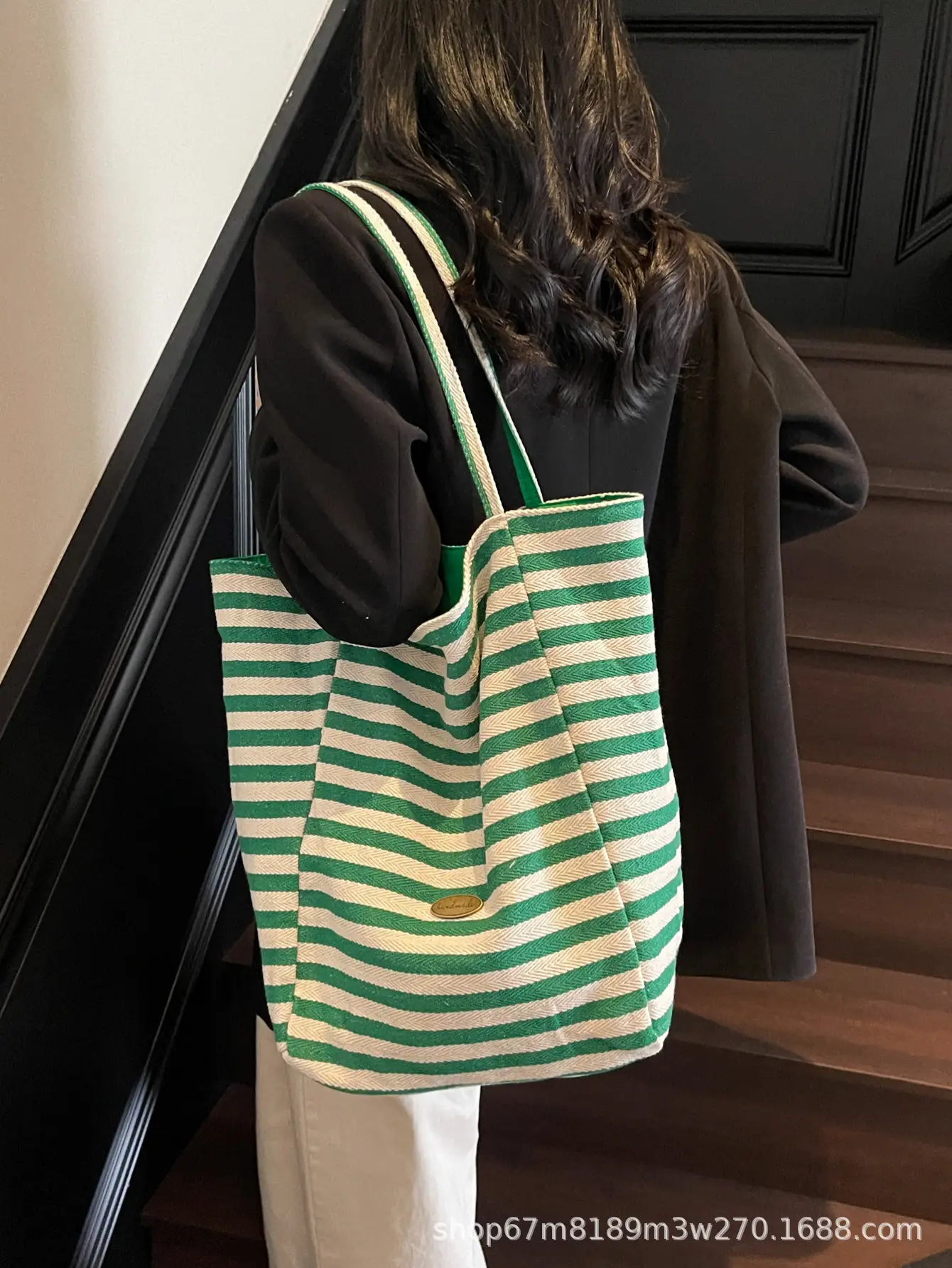 Women Striped Blue White Double Tote Bag Large Capacity Lightweight — feature 41
