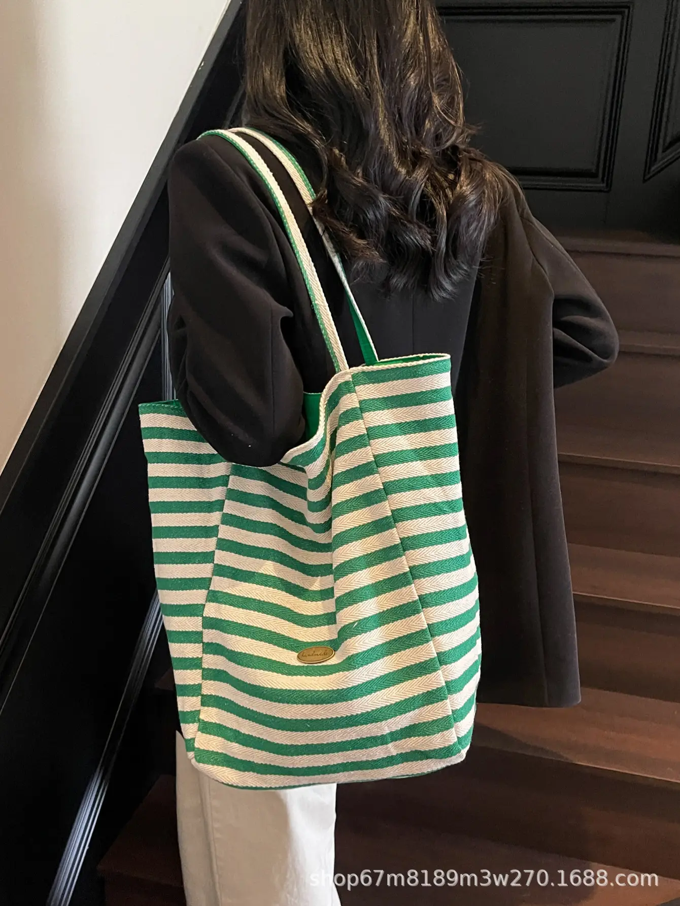 Women Striped Blue White Double Tote Bag Large Capacity Lightweight — feature 43