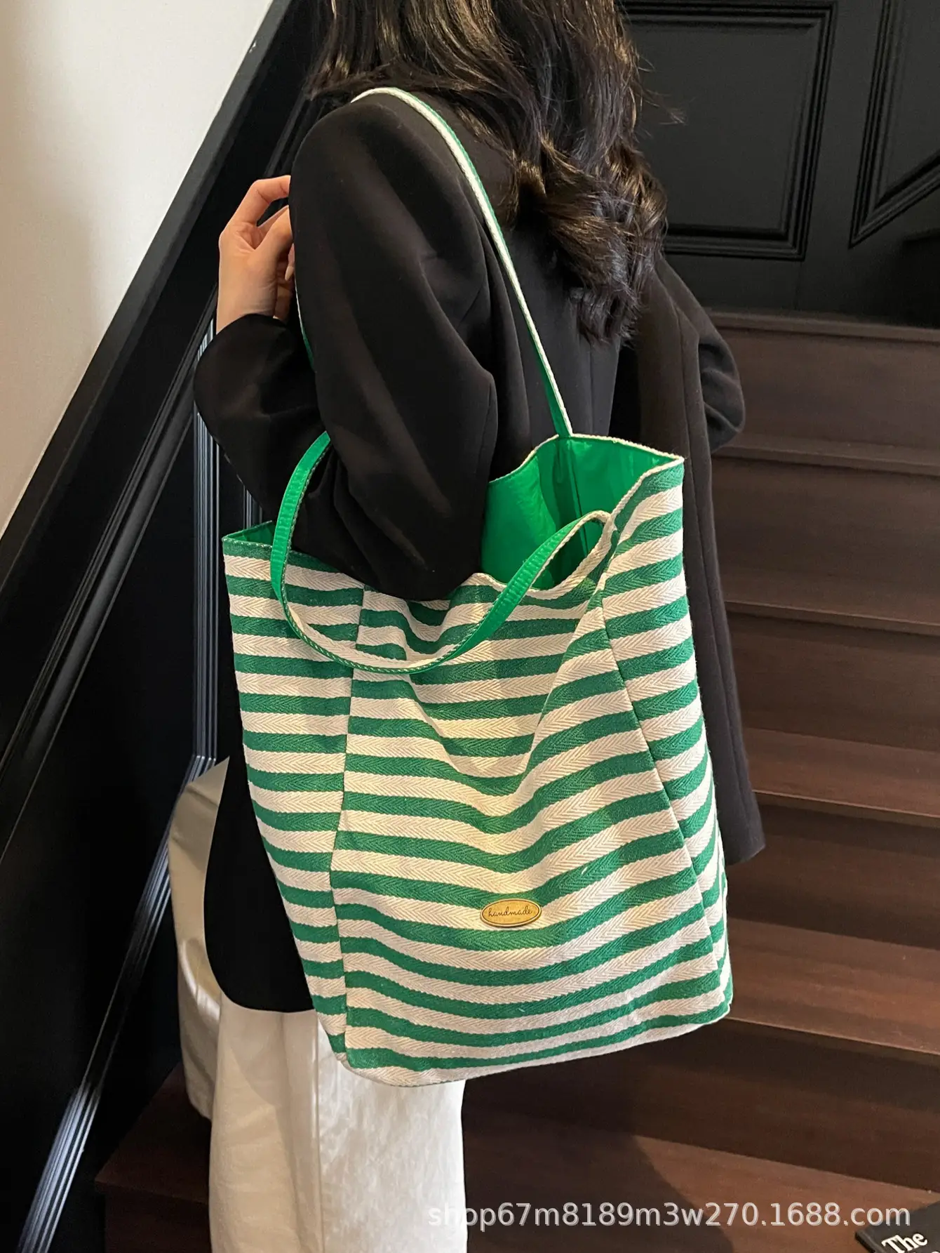 Women Striped Blue White Double Tote Bag Large Capacity Lightweight — feature 44