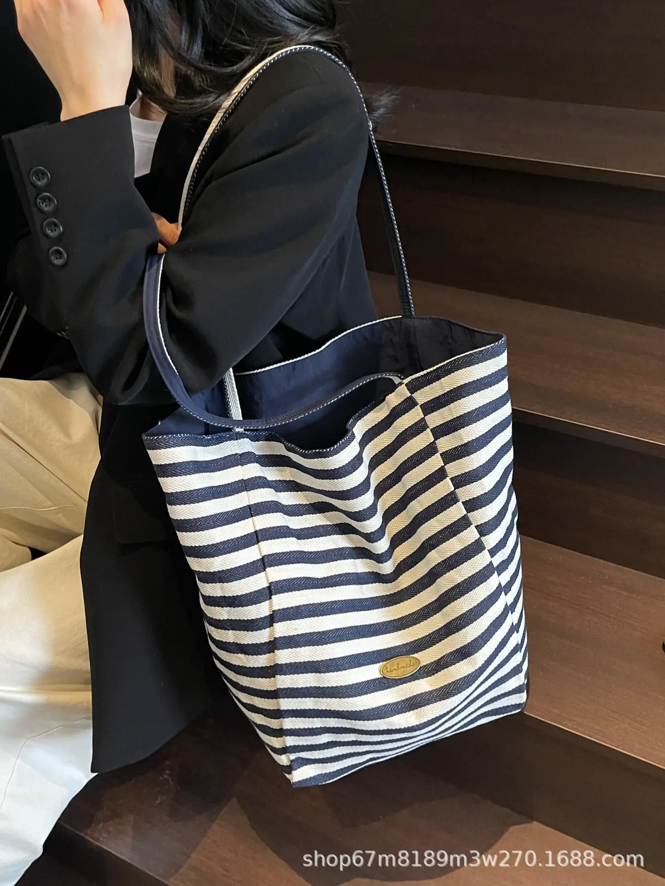 Women Striped Blue White Double Tote Bag Large Capacity Lightweight — feature 45