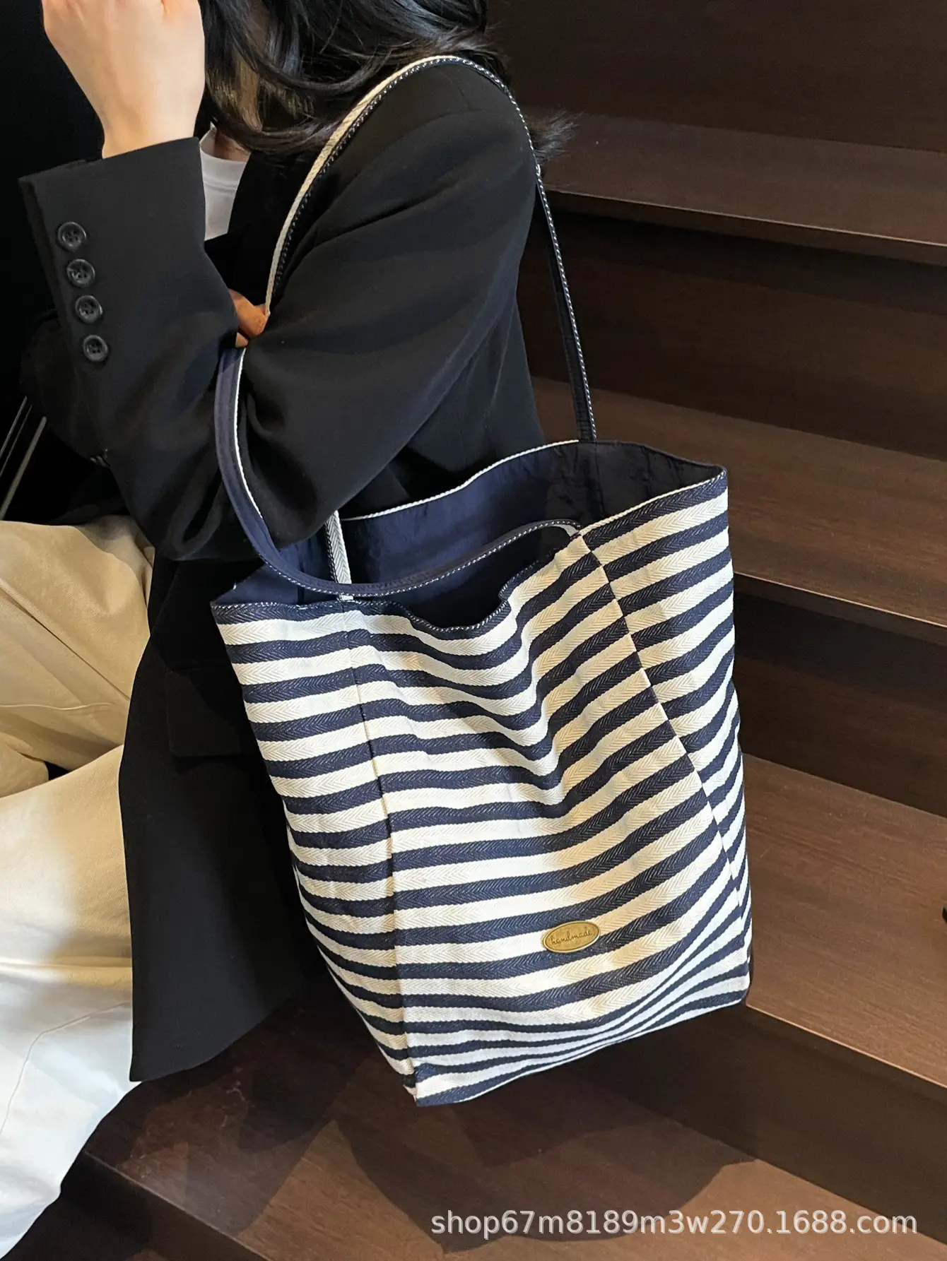 Women Striped Blue White Double Tote Bag Large Capacity Lightweight — feature 47