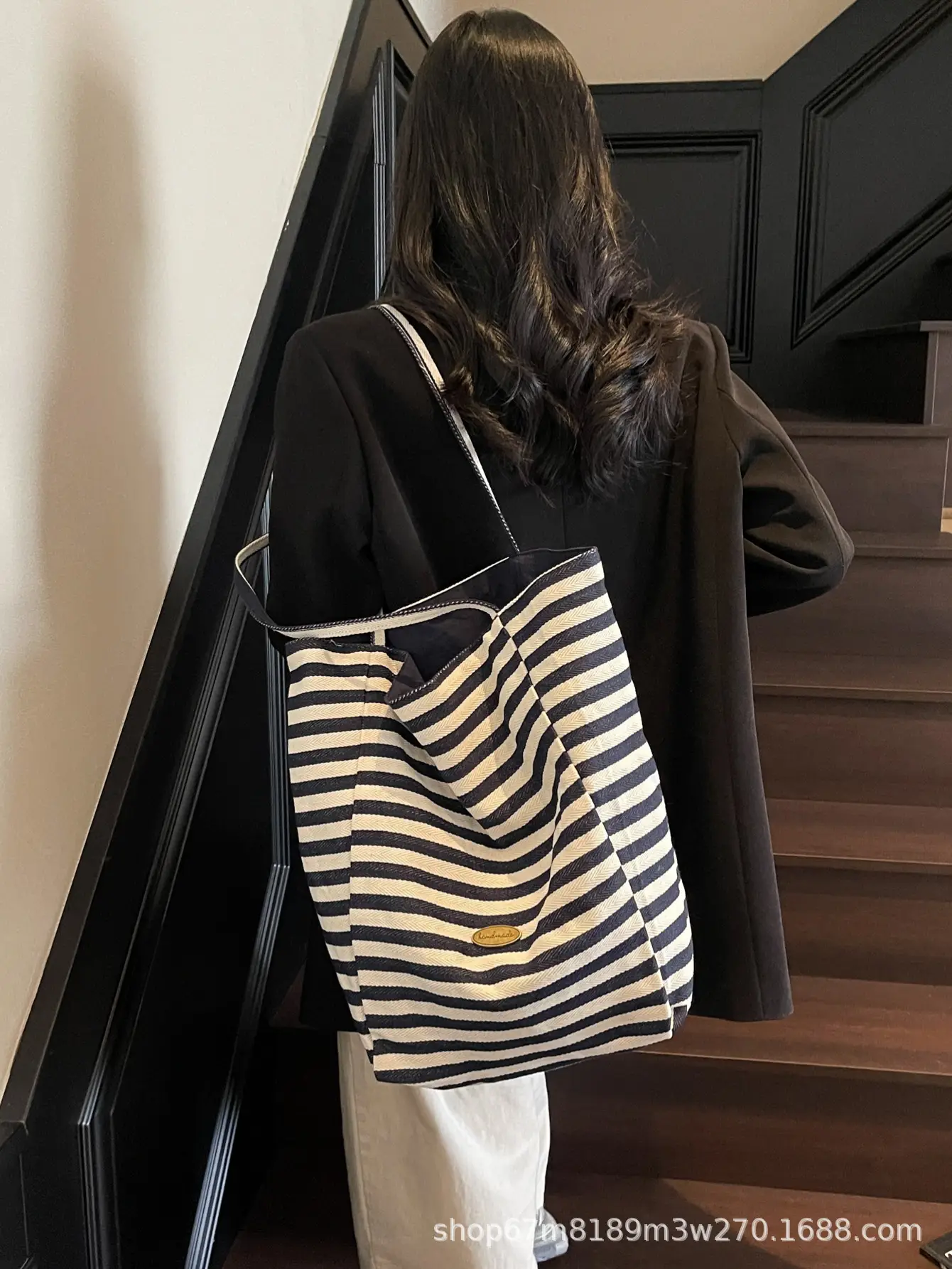 Women Striped Blue White Double Tote Bag Large Capacity Lightweight — feature 48