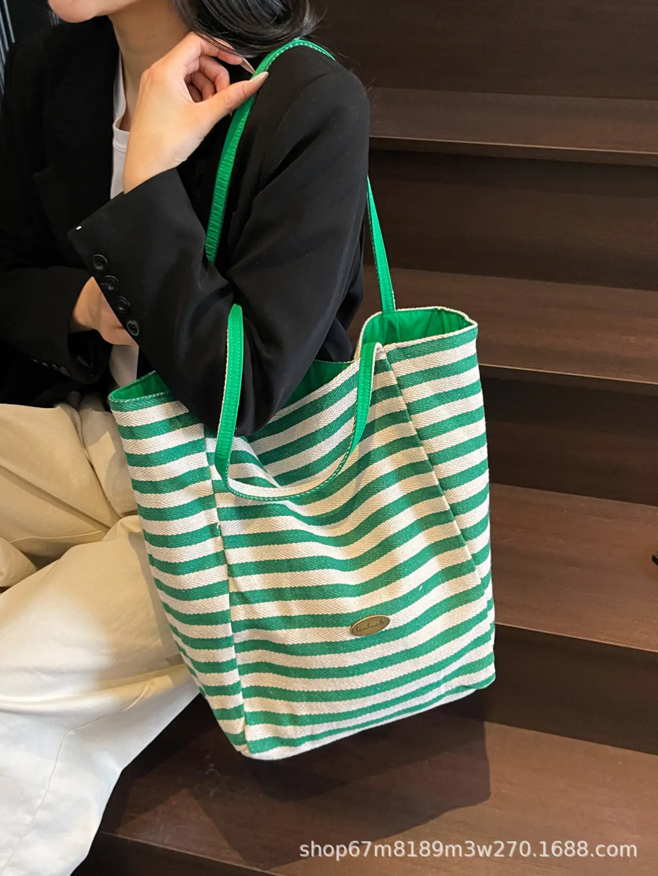 Women Striped Blue White Double Tote Bag Large Capacity Lightweight — feature 49