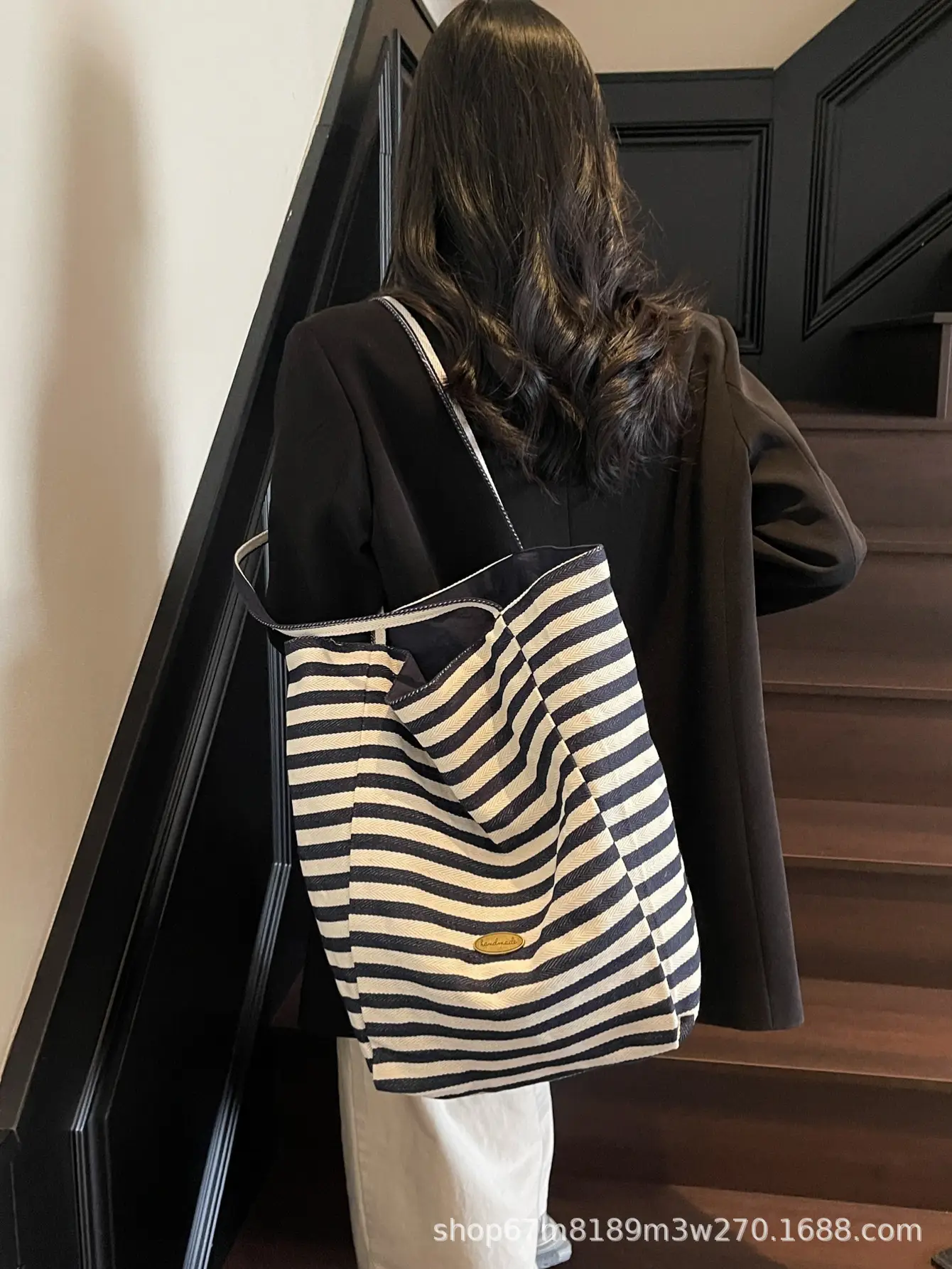Women Striped Blue White Double Tote Bag Large Capacity Lightweight — feature 5