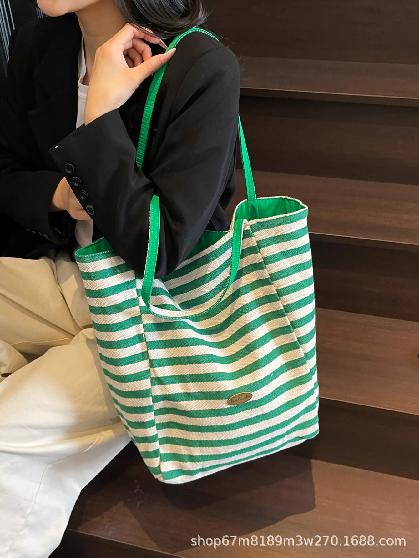 Women Striped Blue White Double Tote Bag Large Capacity Lightweight — feature 6