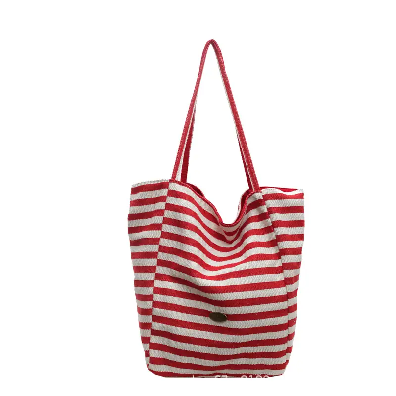 Women Striped Blue White Double Tote Bag Large Capacity Lightweight - Image 2