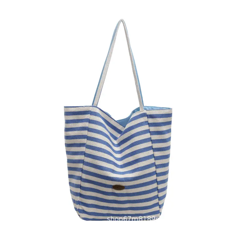 Women Striped Blue White Double Tote Bag Large Capacity Lightweight - Image 3