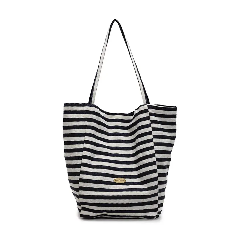 Women Striped Blue White Double Tote Bag Large Capacity Lightweight - Image 4
