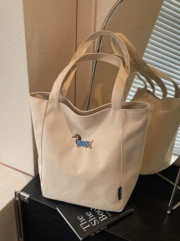 Women's Large Canvas Tote Bag Tan Artistic Style - Image 6
