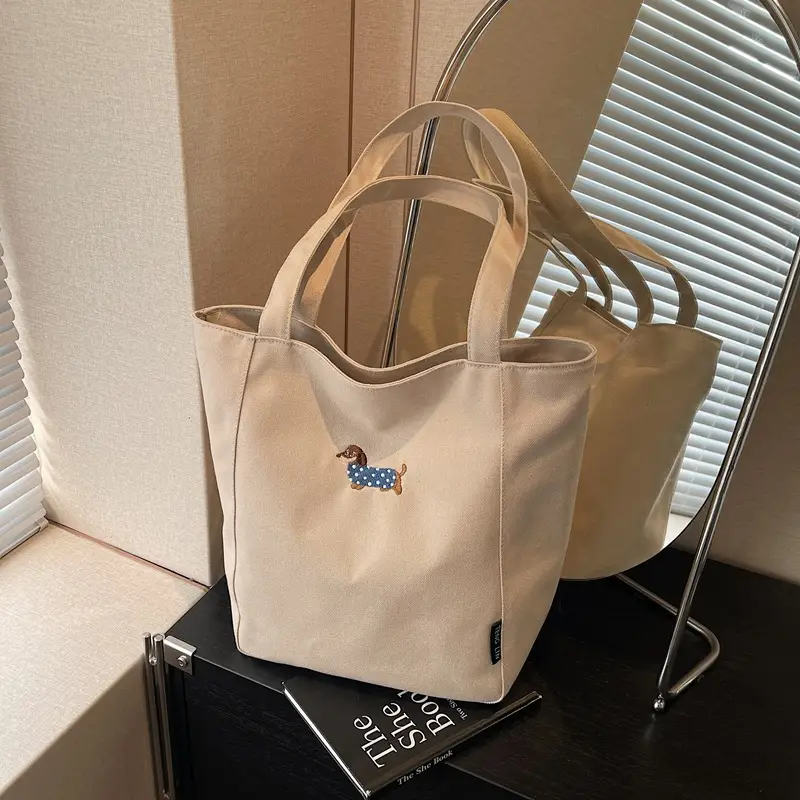 Women's Large Canvas Tote Bag Tan Artistic Style - Image 2