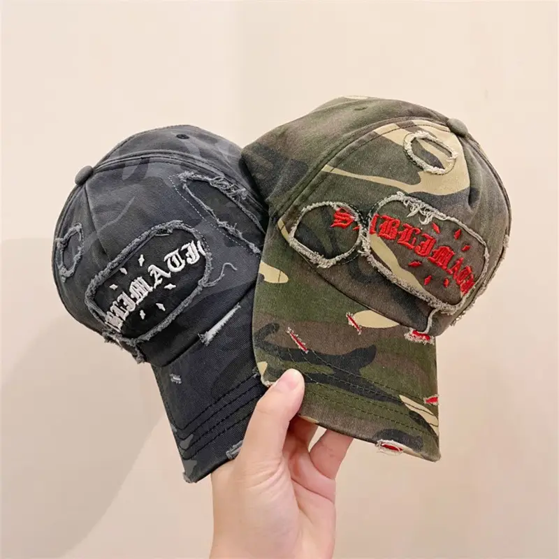 Korean Style Ripped Camo Letter Cap for Women Men - Image 3