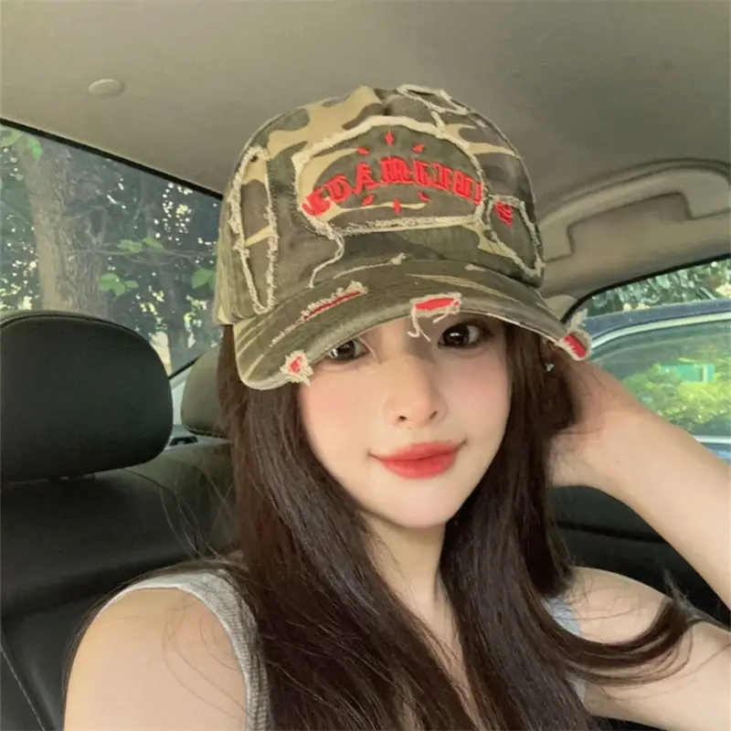 Korean Style Ripped Camo Letter Cap for Women Men - Image 5