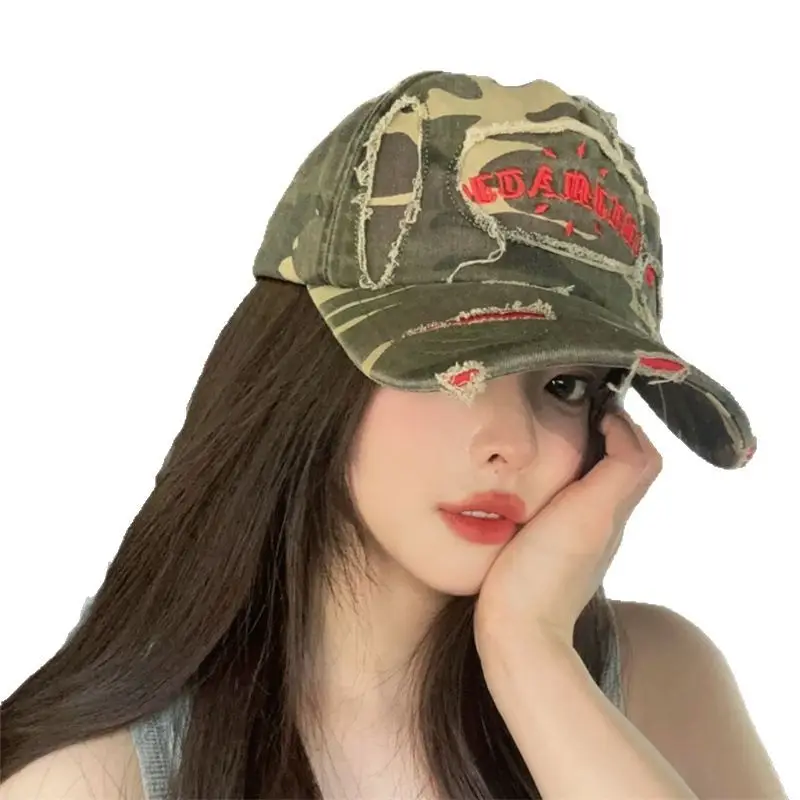 Korean Style Ripped Camo Letter Cap for Women Men - Image 7