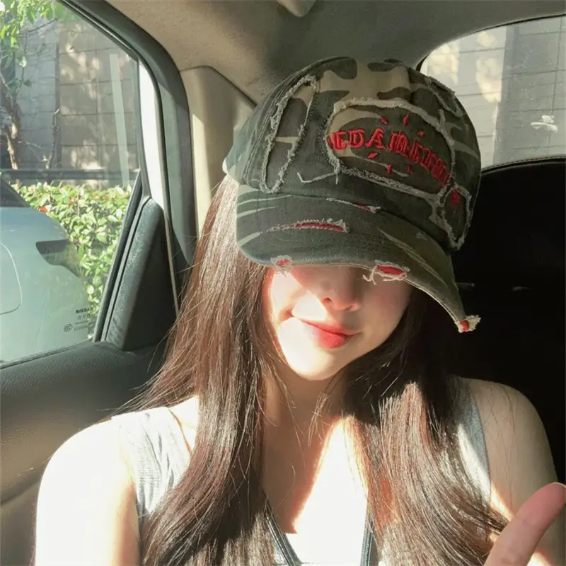 Korean Style Ripped Camo Letter Cap for Women Men β feature 4