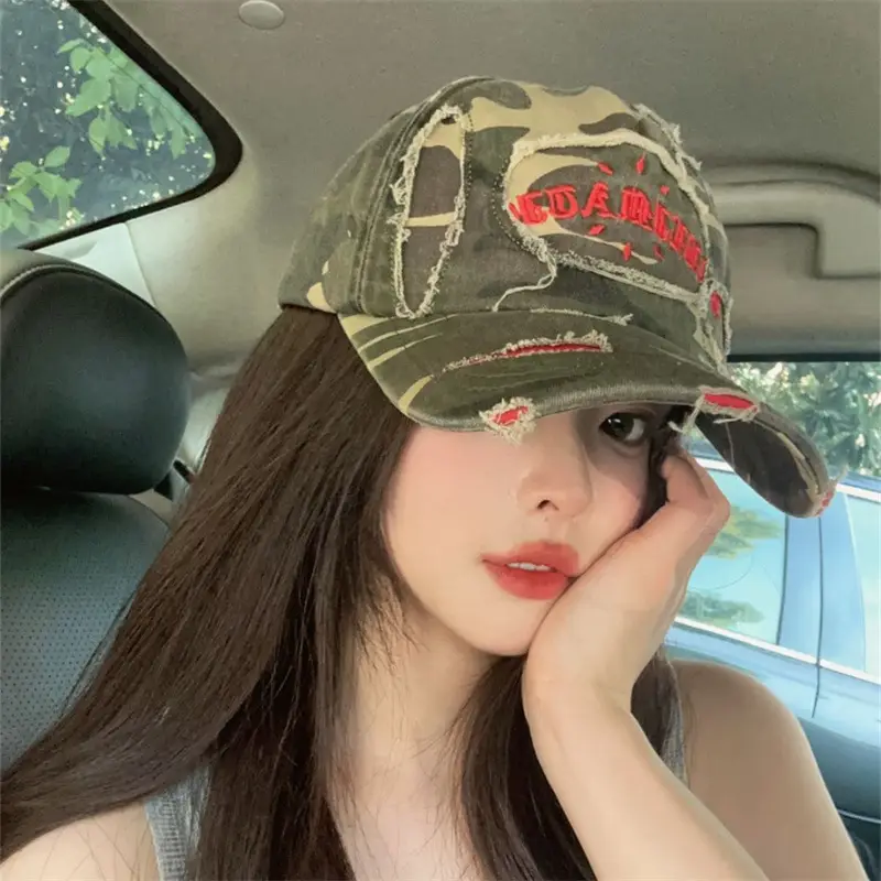 Korean Style Ripped Camo Letter Cap for Women Men β feature 5