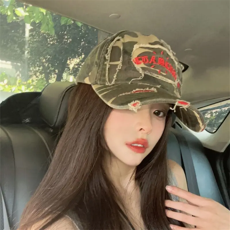 Korean Style Ripped Camo Letter Cap for Women Men β feature 6