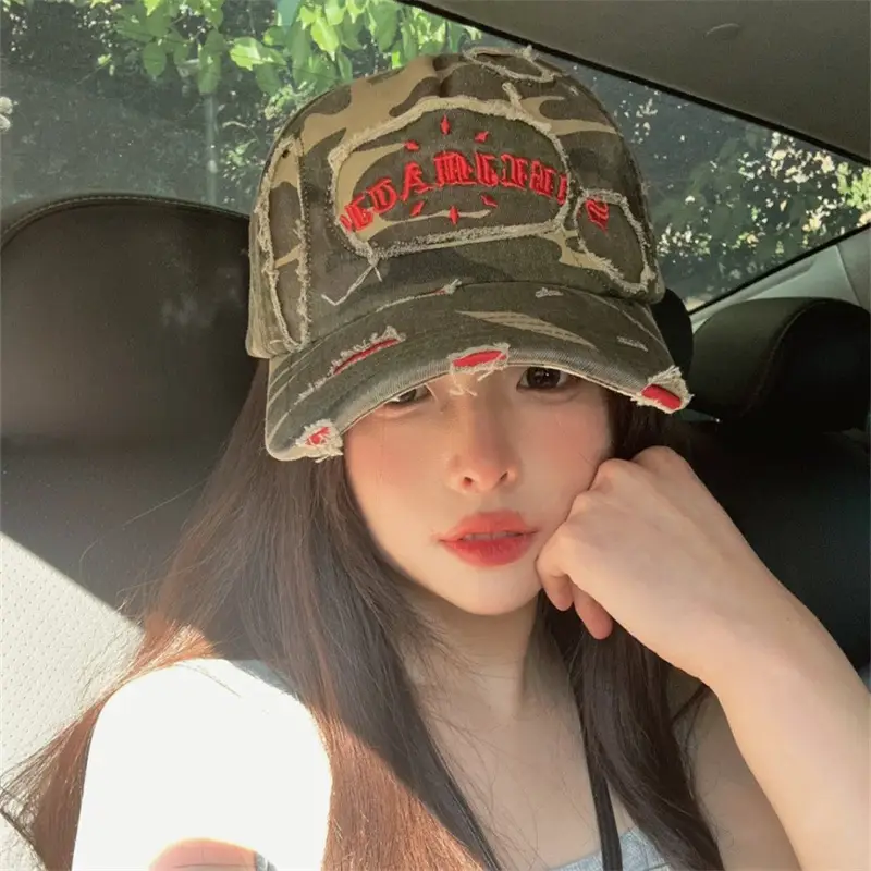 Korean Style Ripped Camo Letter Cap for Women Men β feature 8