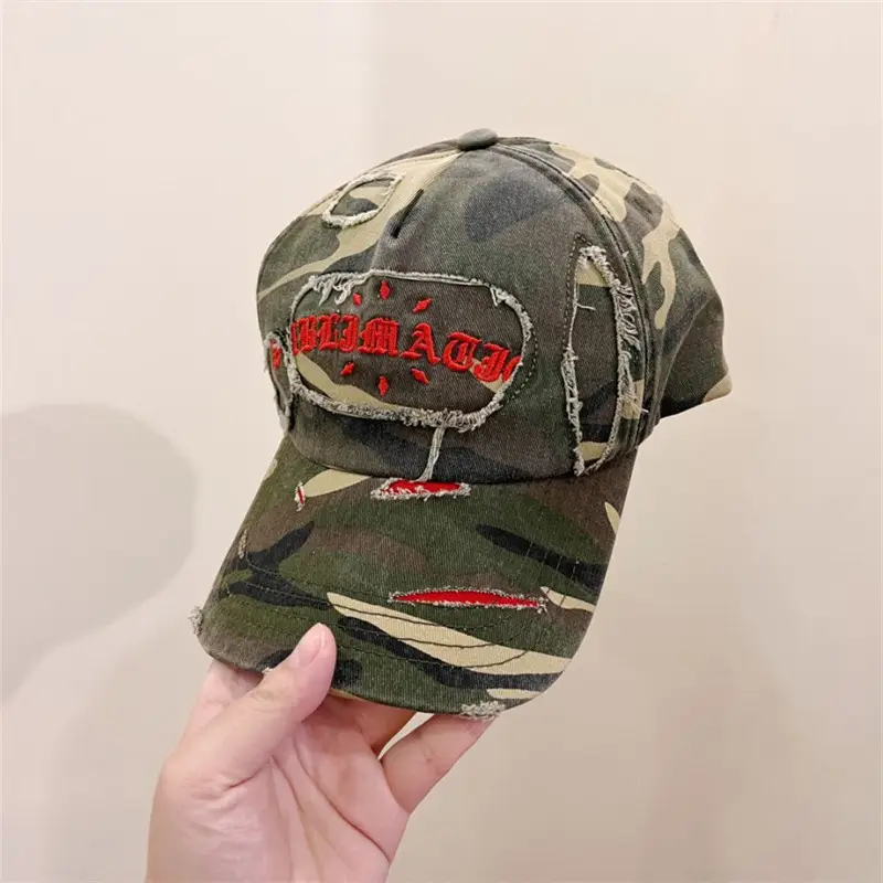 Korean Style Ripped Camo Letter Cap for Women Men - Image 2