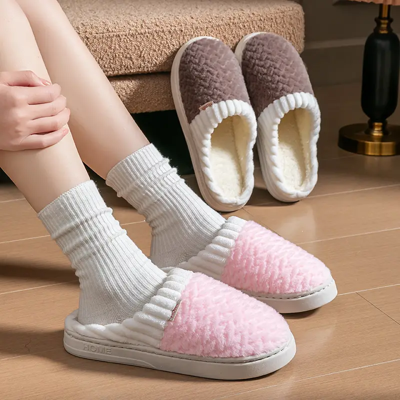 Cotton Slippers Men's Autumn and Winter Color-matching Feeling Home Indoor Thick-soled Warm Couple's Plush Shoes Moon Shoes Women's - Image 7