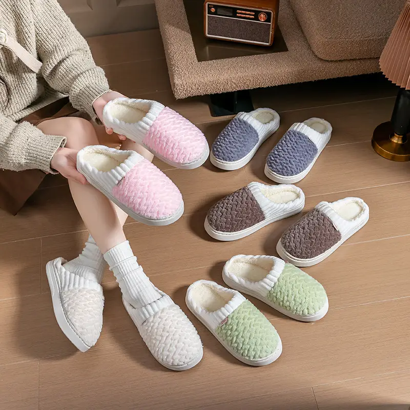 Cotton Slippers Men's Autumn and Winter Color-matching Feeling Home Indoor Thick-soled Warm Couple's Plush Shoes Moon Shoes Women's - Image 8
