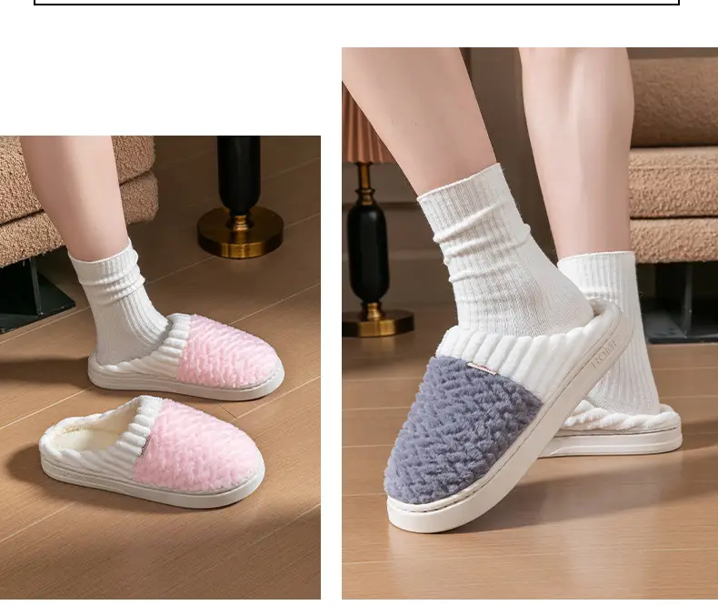 Cotton Slippers Men's Autumn and Winter Color-matching Feeling Home Indoor Thick-soled Warm Couple's Plush Shoes Moon Shoes Women's — feature 19