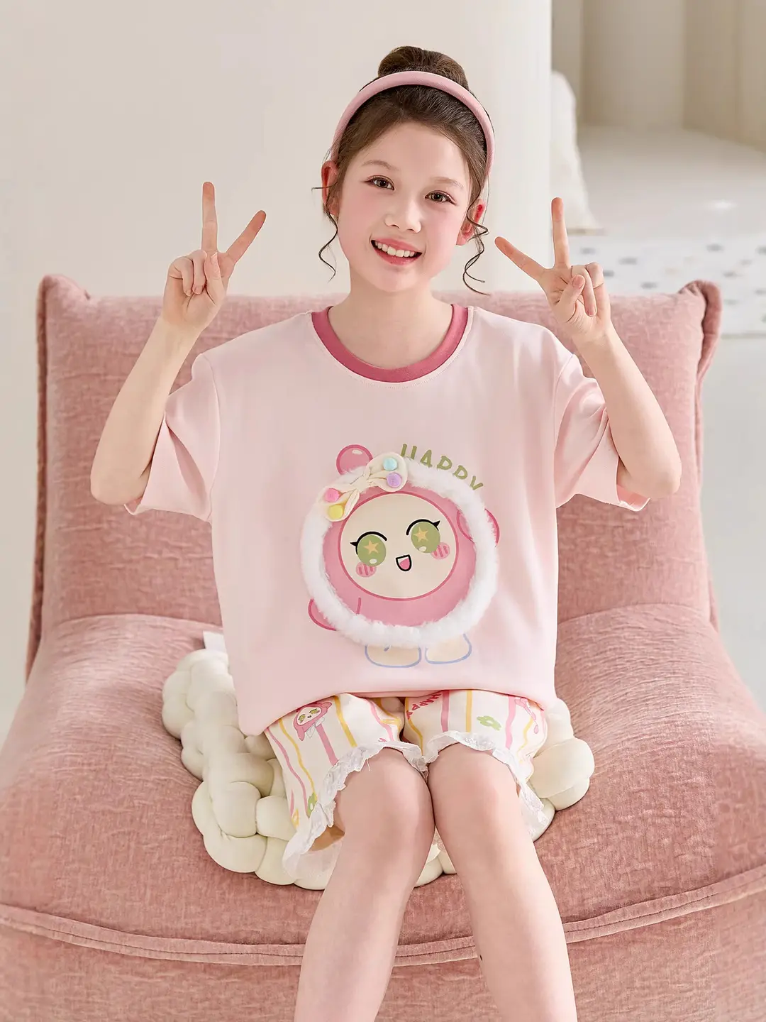100% Cotton Medium and Large Kidsren's Pajamas Summer Girls Cartoon Short-Sleeved Shorts Home Clothes Girls Suit New Style