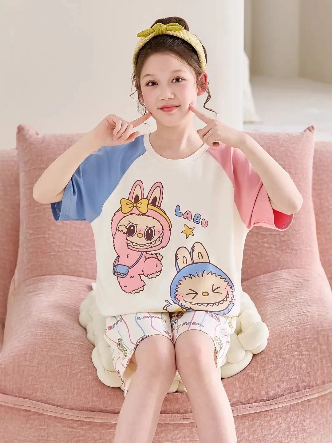 100% Cotton Medium and Large Kidsren's Pajamas Summer Girls Cartoon Short-Sleeved Shorts Home Clothes Girls Suit New Style