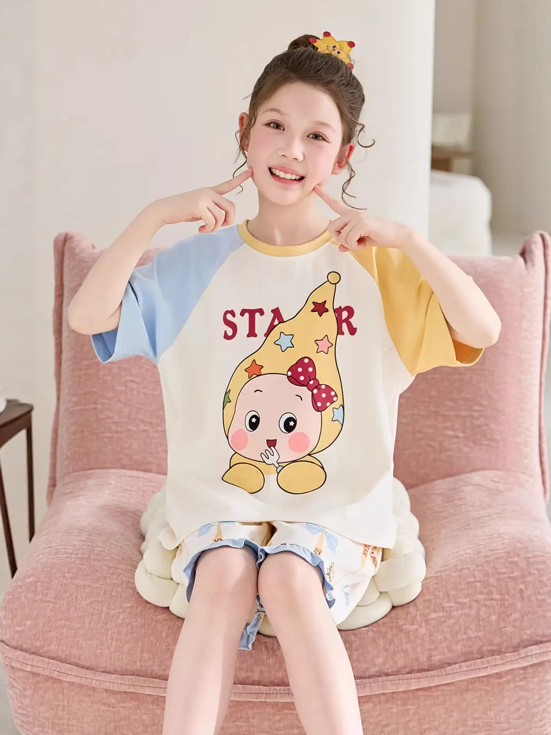 100% Cotton Medium and Large Kidsren's Pajamas Summer Girls Cartoon Short-Sleeved Shorts Home Clothes Girls Suit New Style