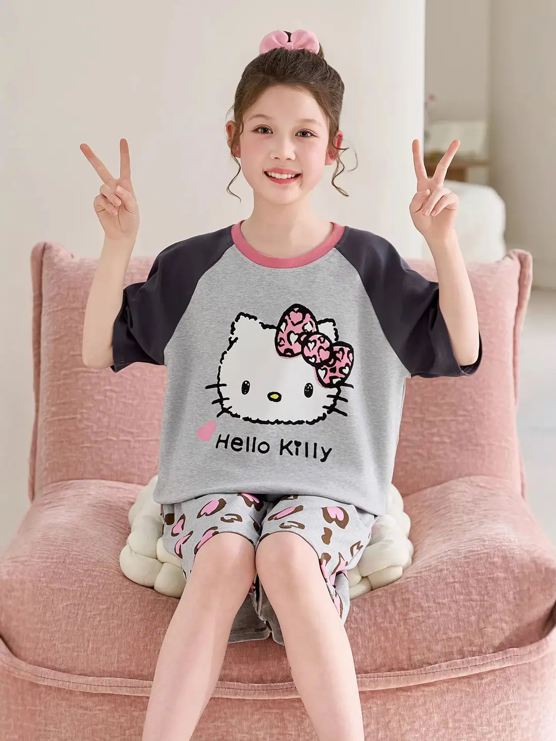 100% Cotton Medium and Large Kidsren's Pajamas Summer Girls Cartoon Short-Sleeved Shorts Home Clothes Girls Suit New Style