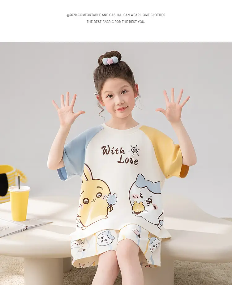 100% Cotton Medium and Large Kidsren's Pajamas Summer Girls Cartoon Short-Sleeved Shorts Home Clothes Girls Suit New Style — feature 10